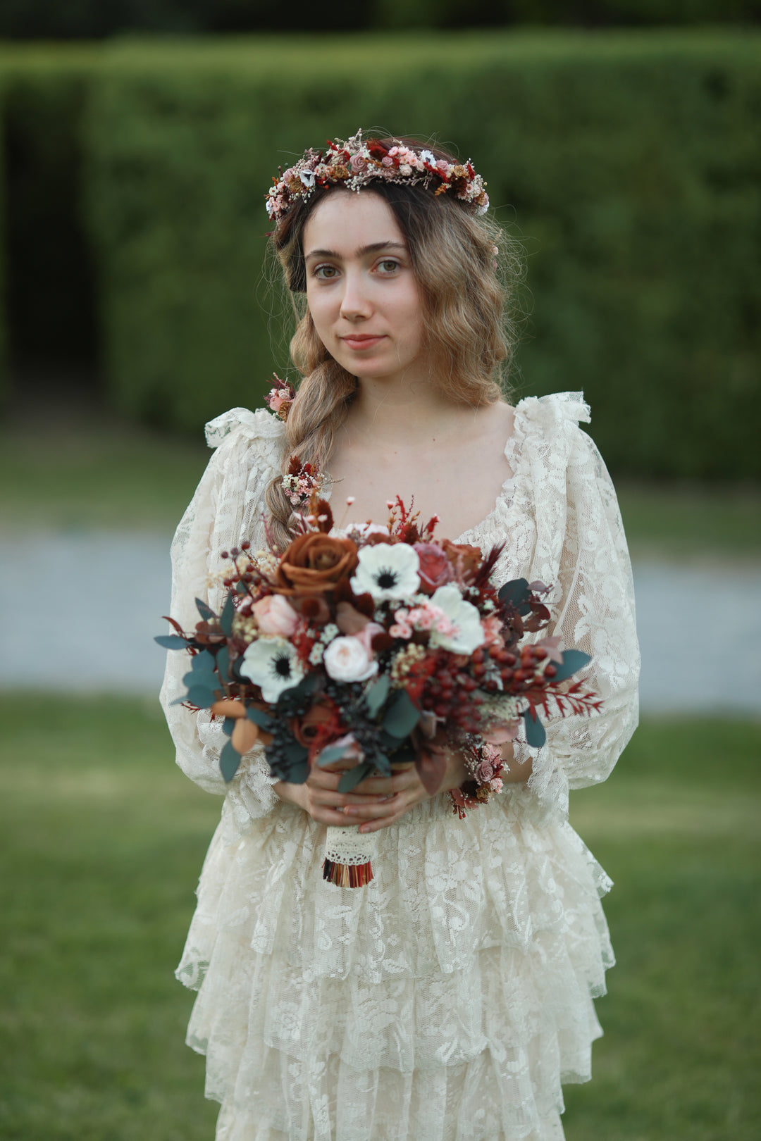Dark Romance Bridal Bouquet with Anemones, Roses and Berries
