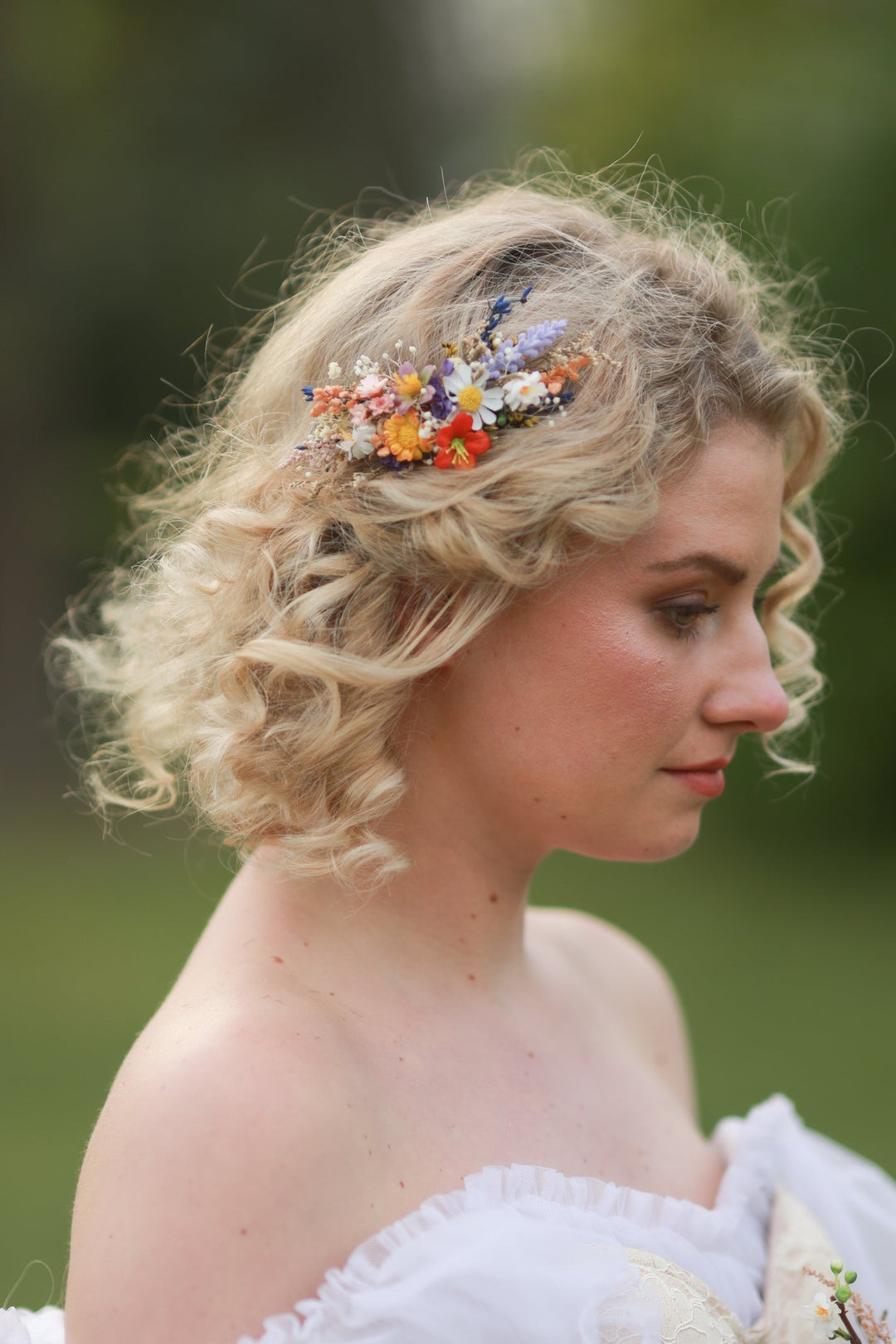 Two sizes: Colorful Wildflower Bridal Hair Comb with Orange, Blue and Purple Meadow Blooms