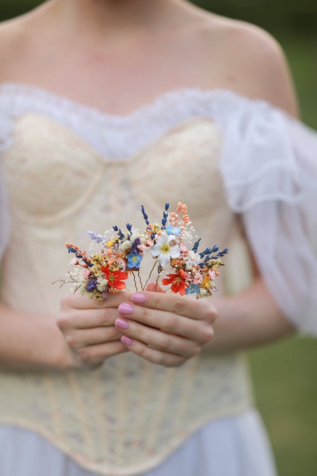 Colorful Wildflower Bridal Hair Pins with Orange, Blue and Purple Meadow Blooms – handmade floral hair accessory by magaela