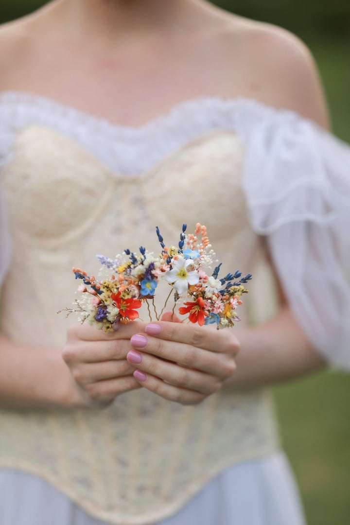 Colorful Wildflower Bridal Hair Pins with Orange, Blue and Purple Meadow Blooms – handmade floral hair accessory by magaela