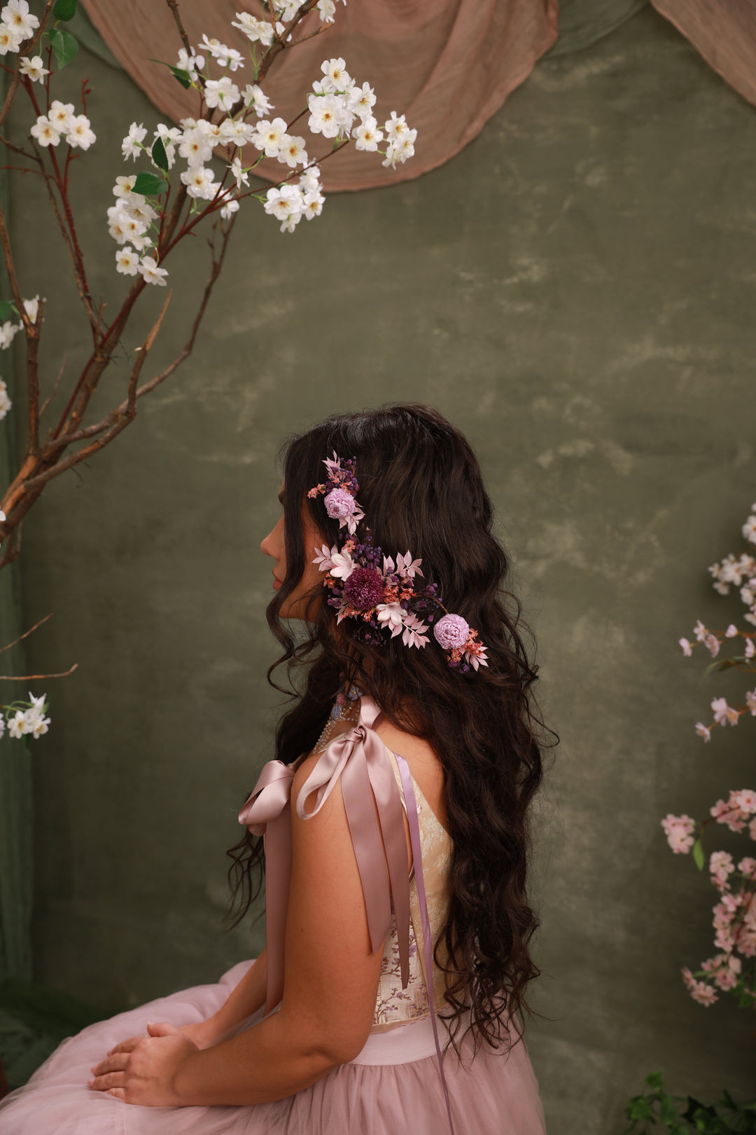 Mauve Preserved Flower Bridal Hair Vine with Dried Botanicals
