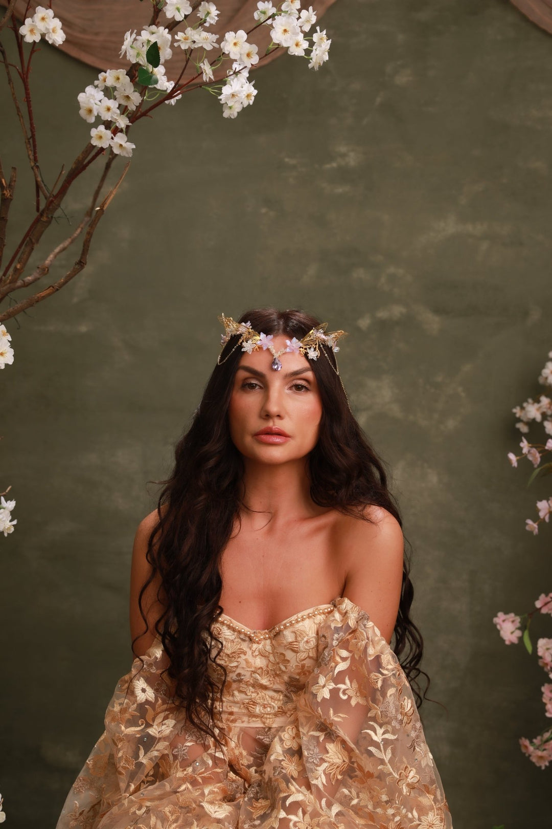 Gold Butterfly Crown with Purple Flowers and Crystal Chains - Fairy Tiara – handmade floral hair accessory by magaela