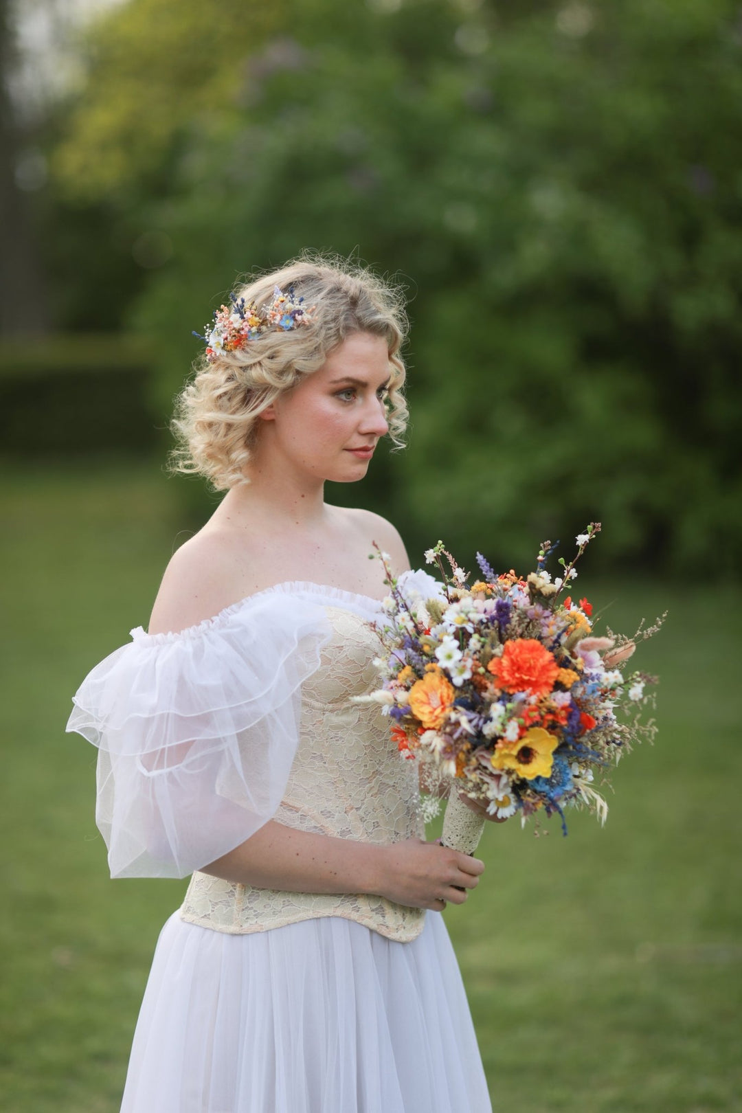Colorful Wildflower Bridal Hair Pins with Orange, Blue and Purple Meadow Blooms – handmade floral hair accessory by magaela
