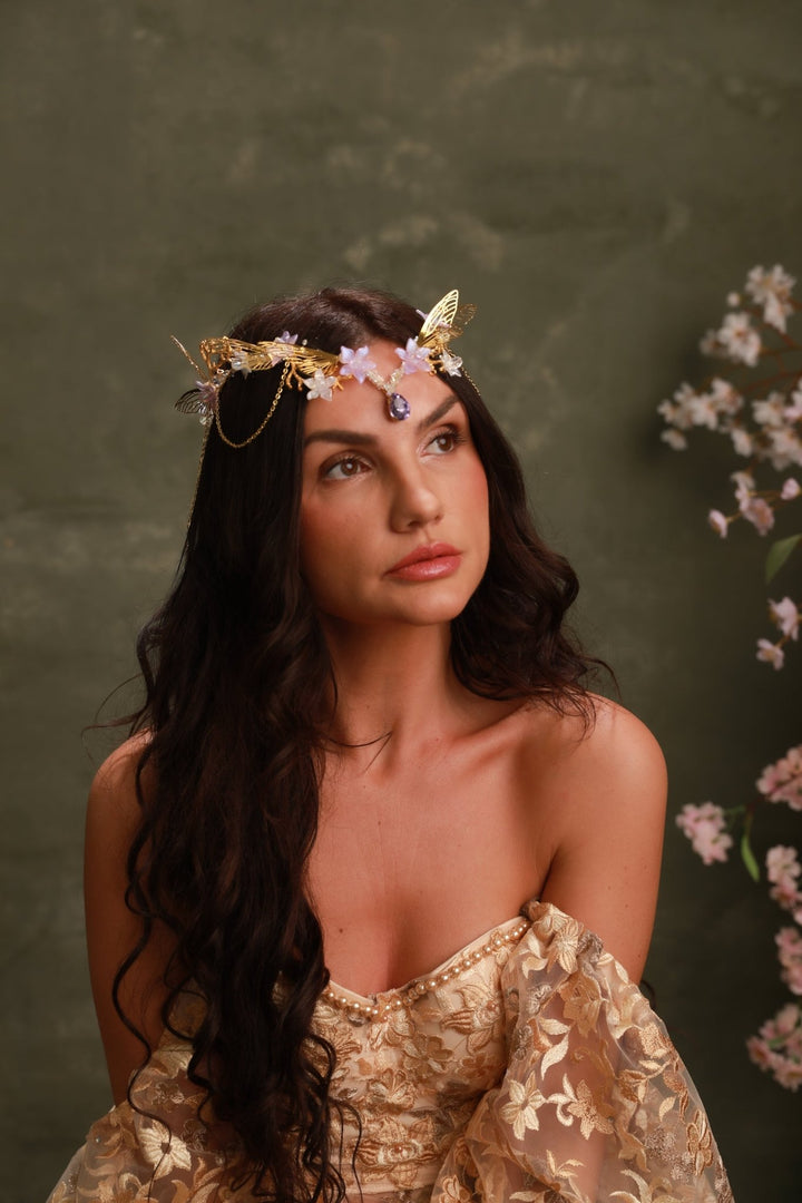Gold Butterfly Crown with Purple Flowers and Crystal Chains - Fairy Tiara – handmade floral hair accessory by magaela