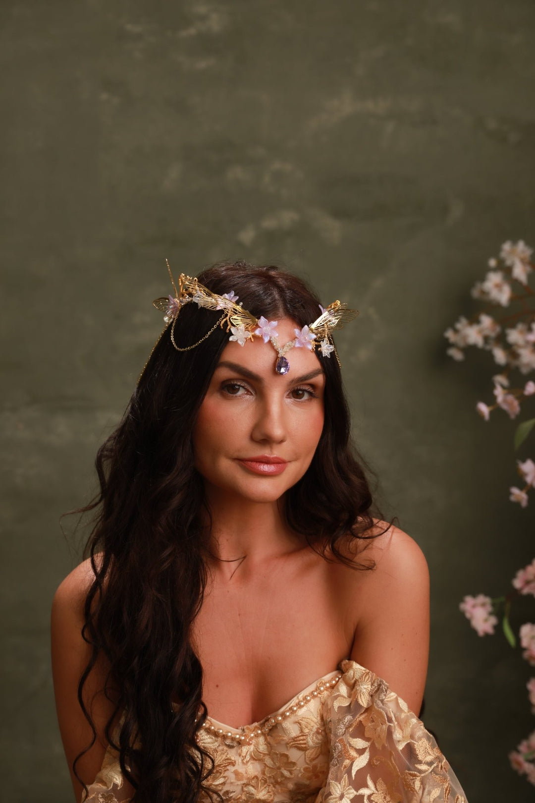 Gold Butterfly Crown with Purple Flowers and Crystal Chains - Fairy Tiara – handmade floral hair accessory by magaela