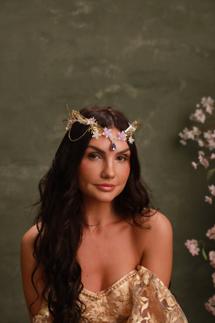 Gold Butterfly Crown with Purple Flowers and Crystal Chains - Fairy Tiara – handmade floral hair accessory by magaela