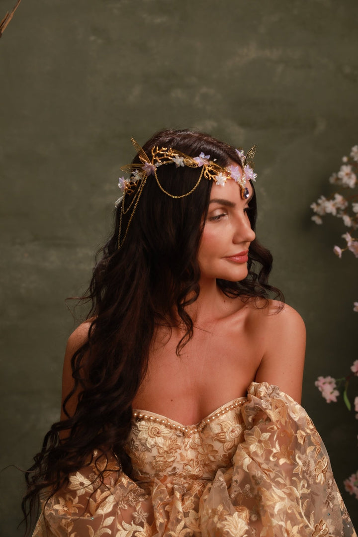 Gold Butterfly Crown with Purple Flowers and Crystal Chains - Fairy Tiara – handmade floral hair accessory by magaela