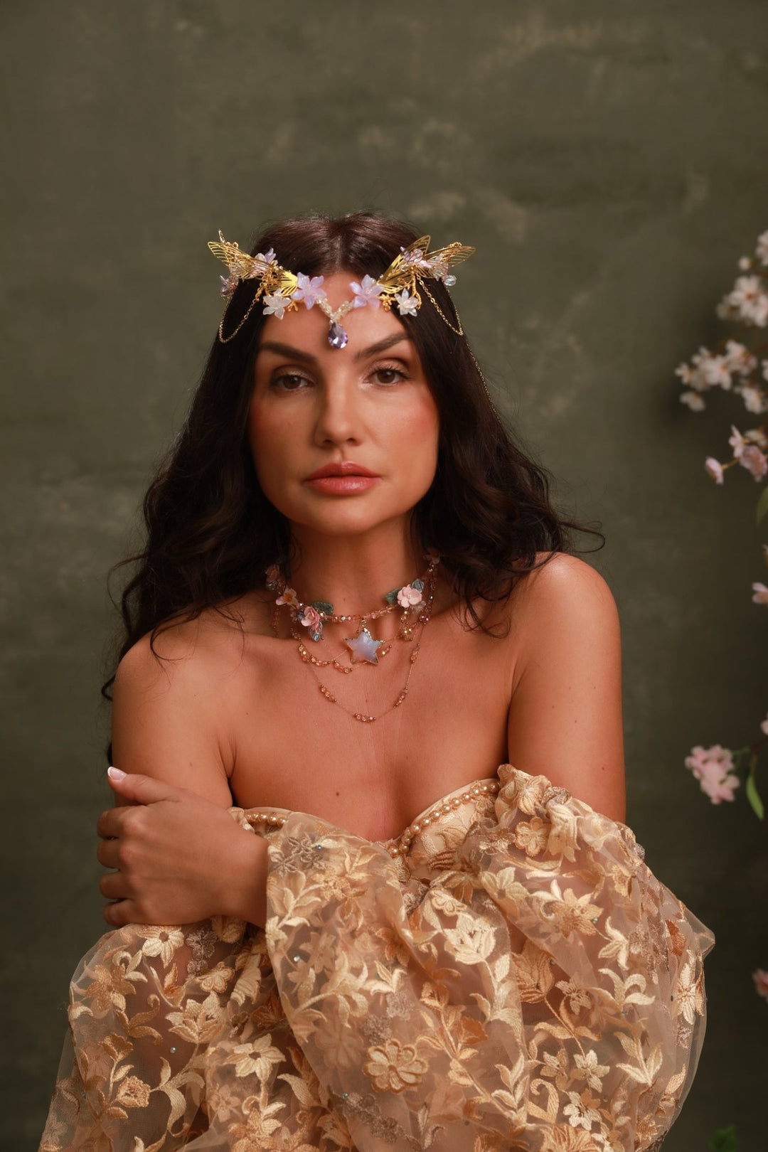 Gold Butterfly Crown with Purple Flowers and Crystal Chains - Fairy Tiara – handmade floral hair accessory by magaela
