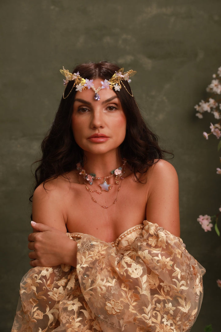 Gold Butterfly Crown with Purple Flowers and Crystal Chains - Fairy Tiara – handmade floral hair accessory by magaela