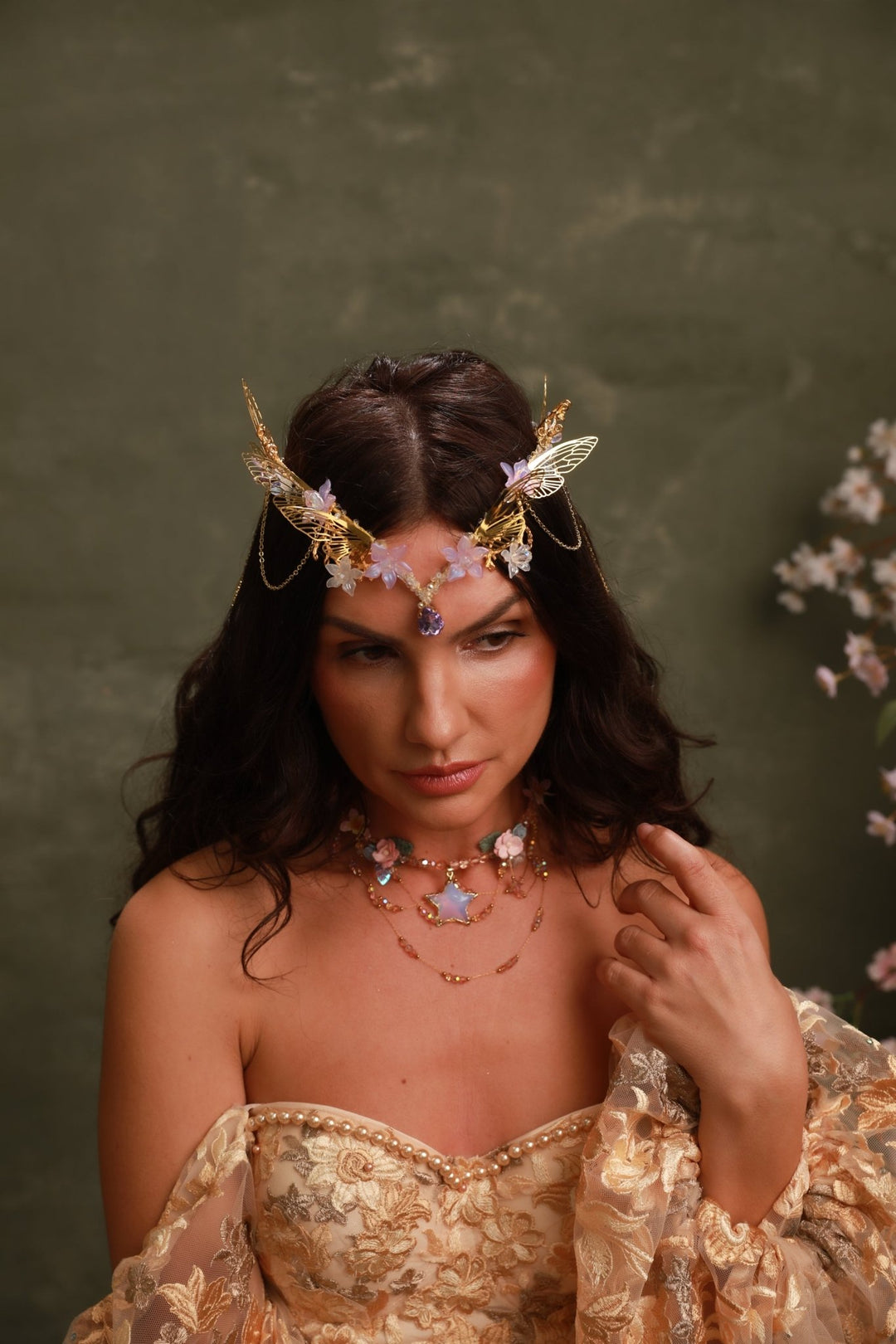 Gold Butterfly Crown with Purple Flowers and Crystal Chains - Fairy Tiara – handmade floral hair accessory by magaela