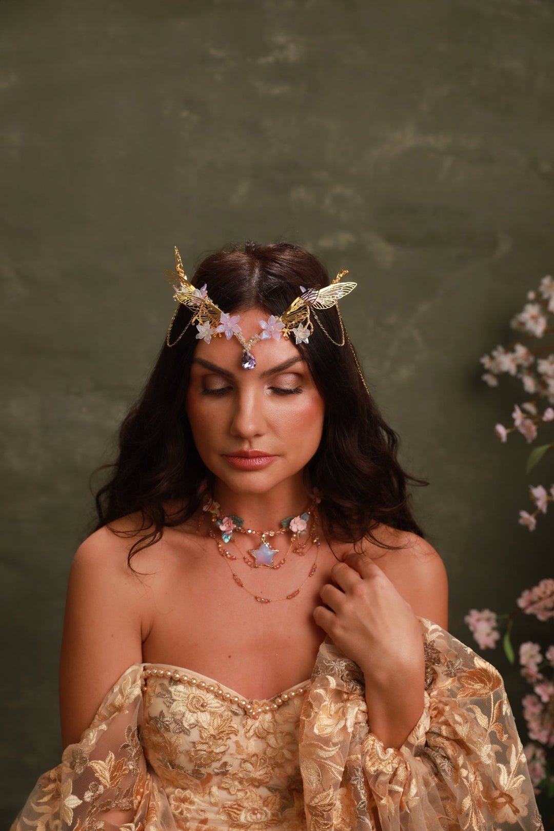 Pink Flower Star Choker: Layered Fairy Bridal Necklace – handmade floral hair accessory by magaela