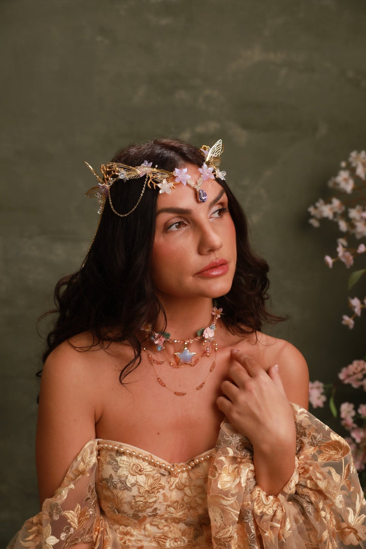 Gold Butterfly Crown with Purple Flowers and Crystal Chains - Fairy Tiara – handmade floral hair accessory by magaela