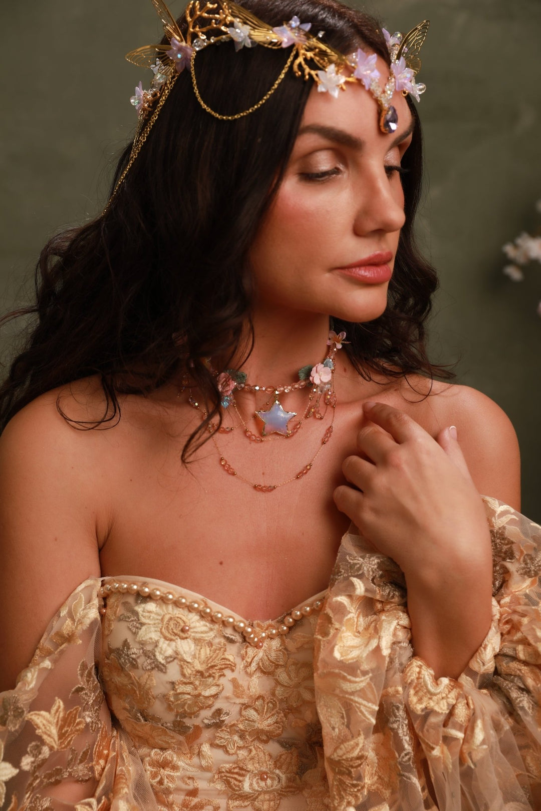 Pink Flower Star Choker: Layered Fairy Bridal Necklace – handmade floral hair accessory by magaela