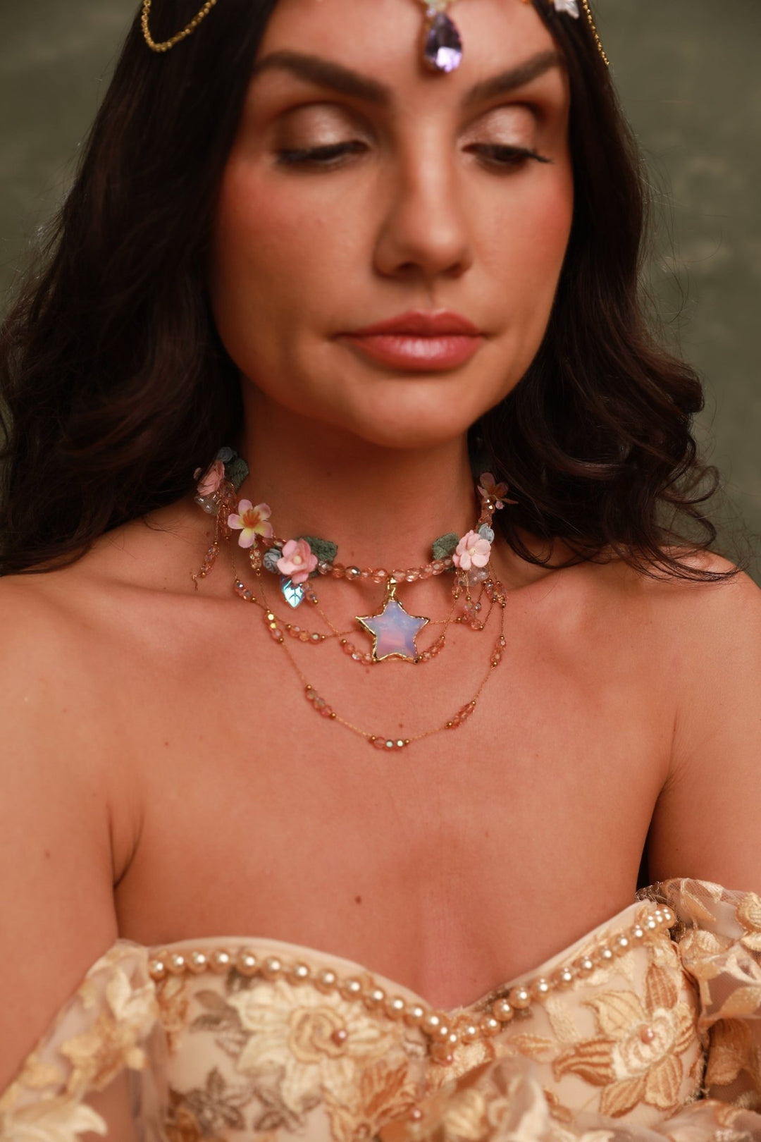 Pink Flower Star Choker: Layered Fairy Bridal Necklace – handmade floral hair accessory by magaela