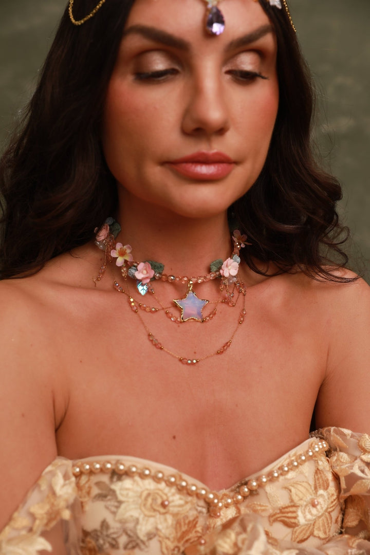 Pink Flower Star Choker: Layered Fairy Bridal Necklace – handmade floral hair accessory by magaela