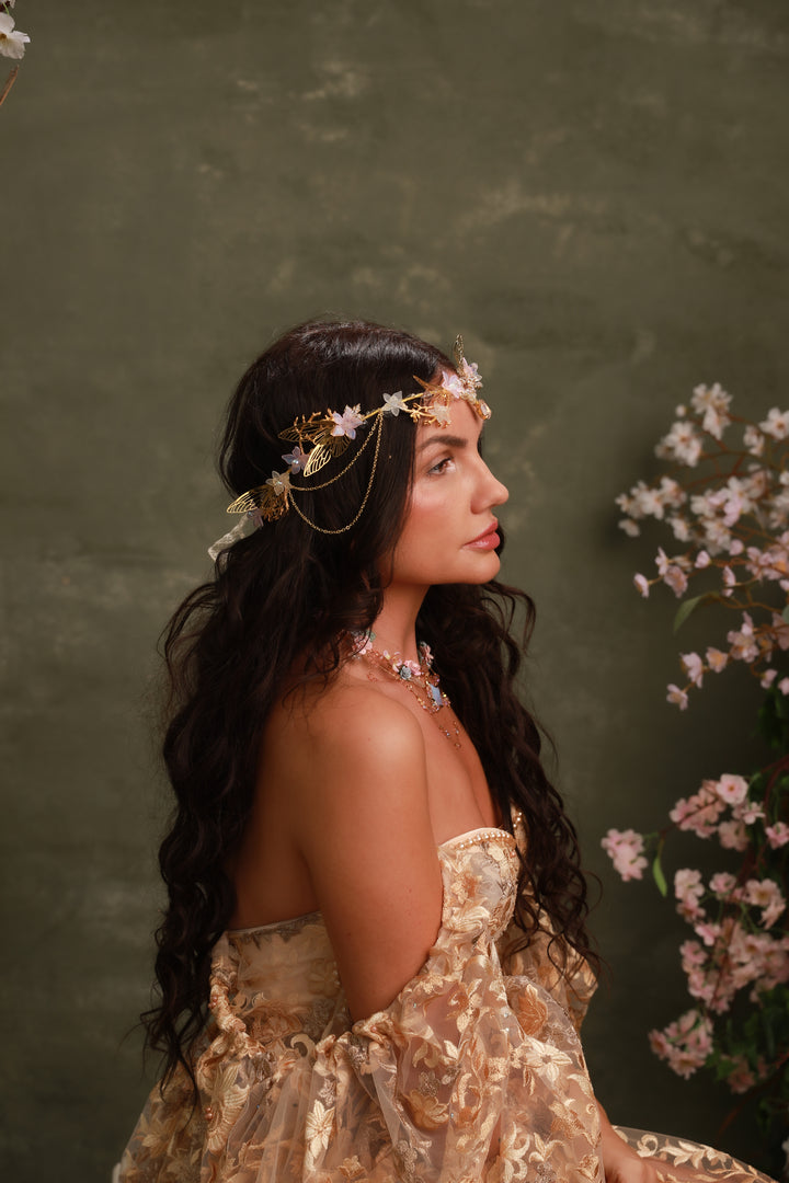 Gold Butterfly Crown with Pearl White Flowers and Crystal Chains - Fairy Tiara