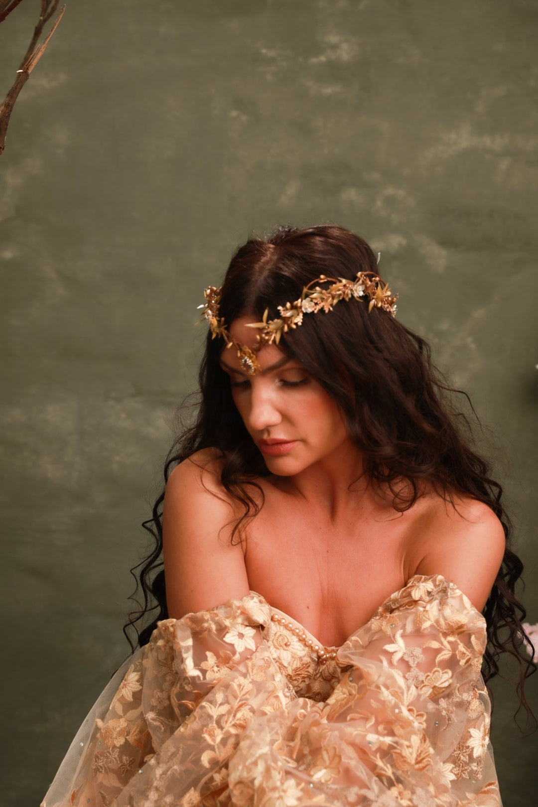 Golden Elven Bridal Tiara with Gemstone Pendant – Fantasy Wedding Headpiece – handmade floral hair accessory by magaela