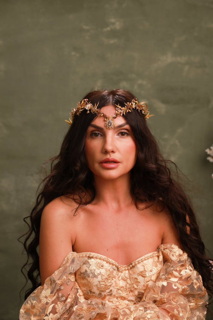 Golden Elven Bridal Tiara with Gemstone Pendant – Fantasy Wedding Headpiece – handmade floral hair accessory by magaela