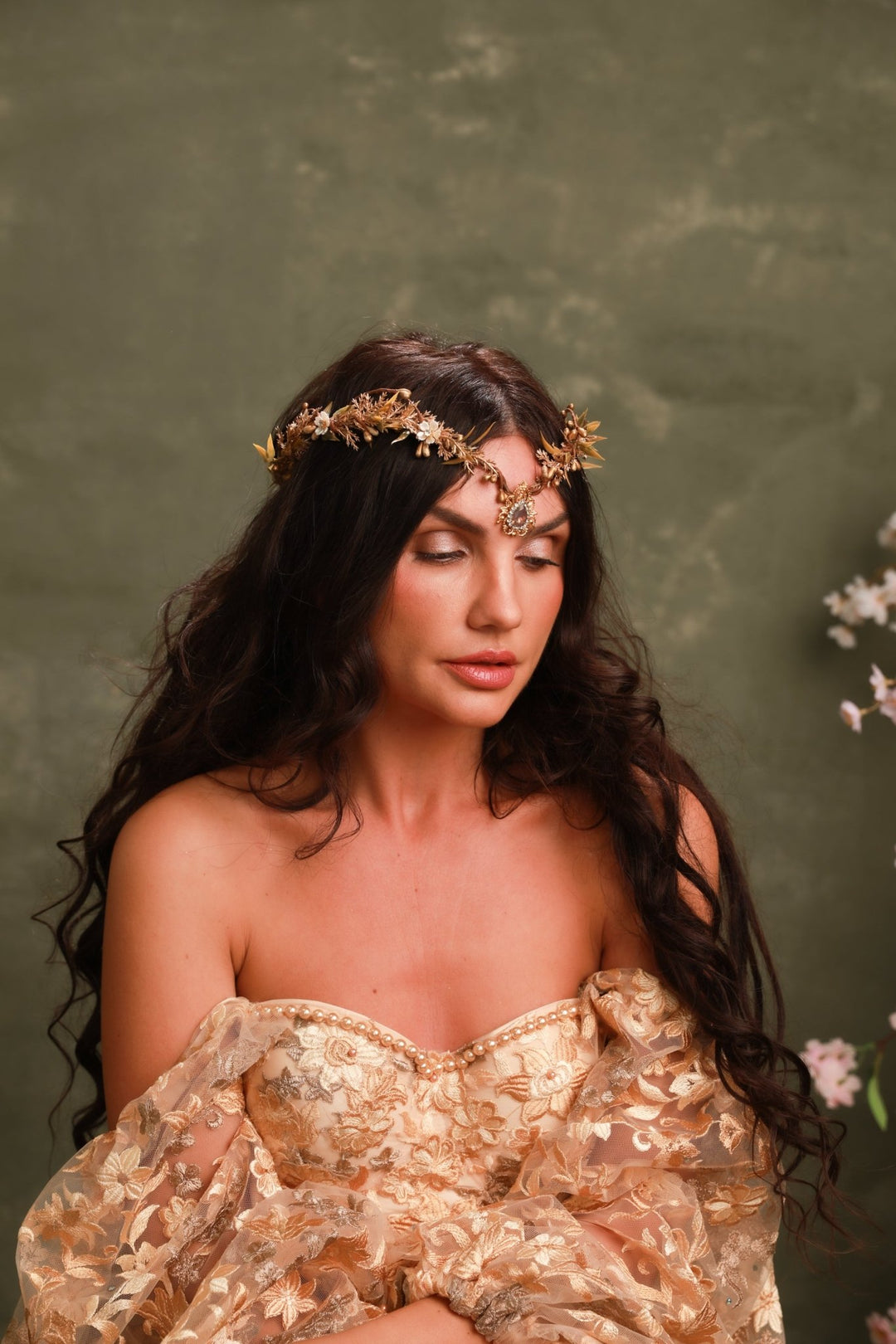Golden Elven Bridal Tiara with Gemstone Pendant – Fantasy Wedding Headpiece – handmade floral hair accessory by magaela