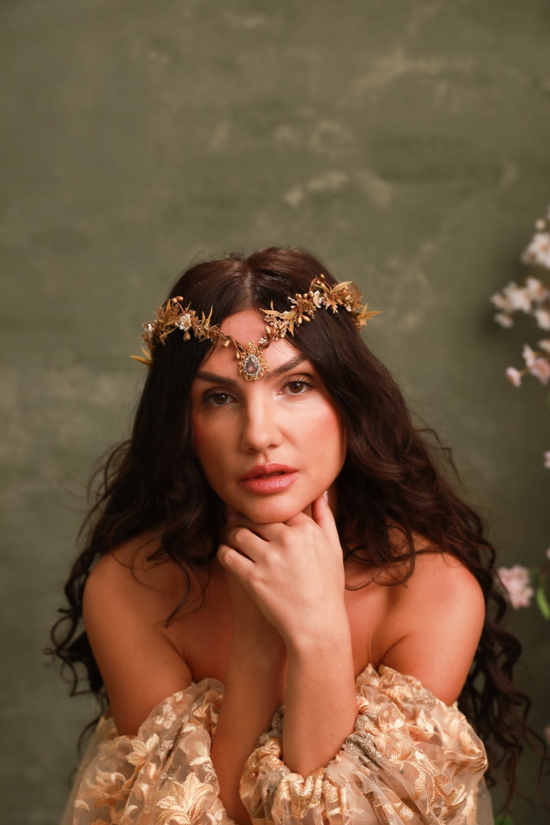 Golden Elven Bridal Tiara with Gemstone Pendant – Fantasy Wedding Headpiece – handmade floral hair accessory by magaela