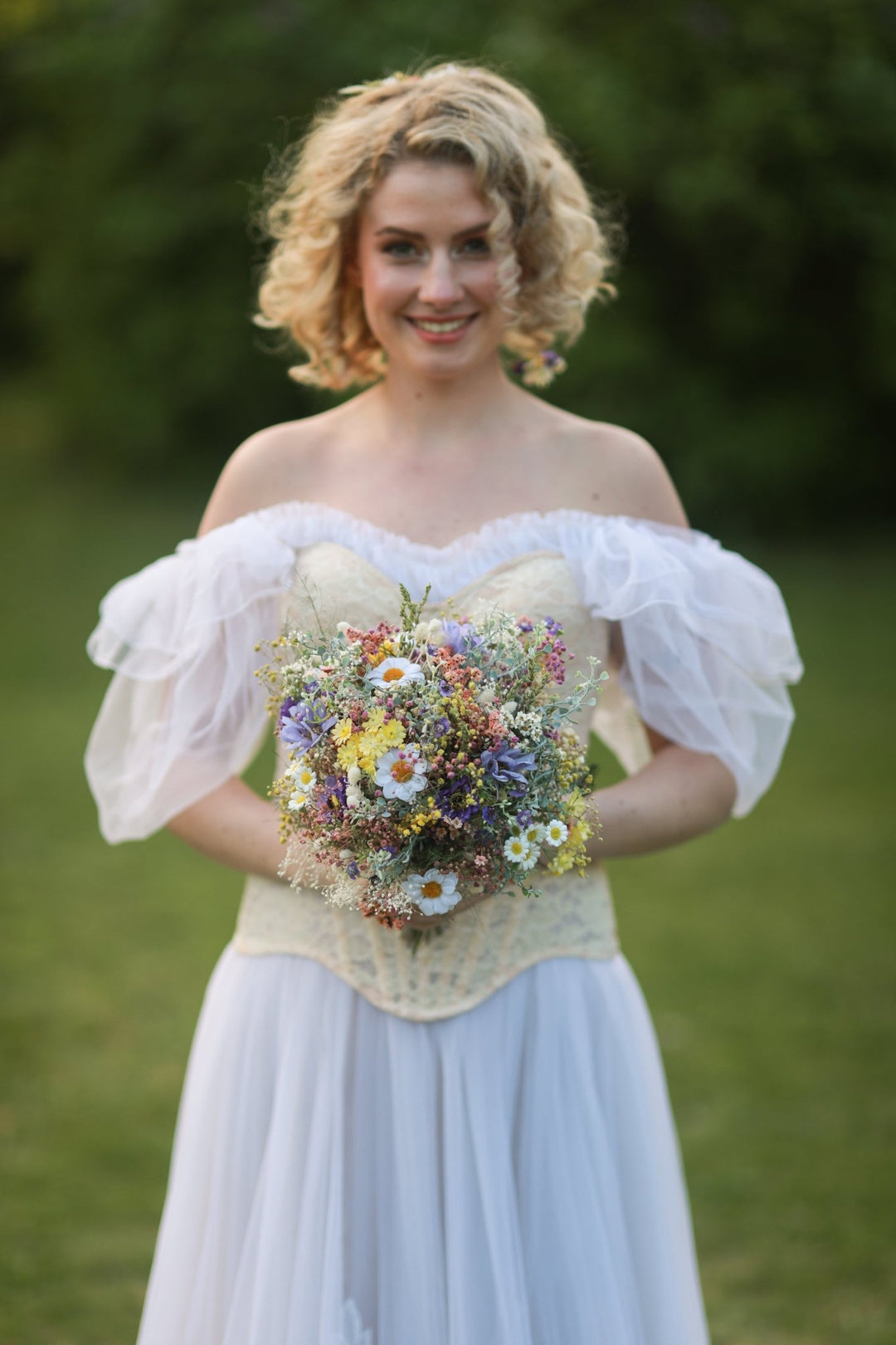 Wildflower Bridal Bouquet – Daisies, Lavender, Thistles and Meadow Grasses | Handmade Wedding Bouquet – handmade floral hair accessory by magaela
