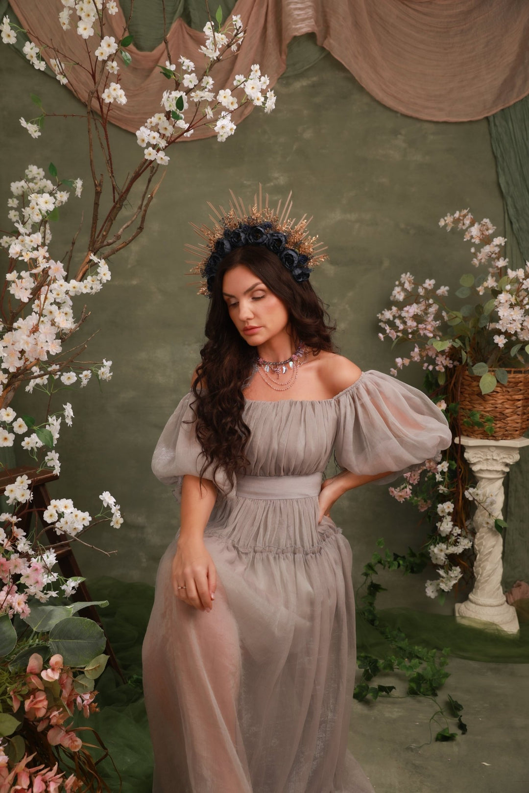 Dark Peony Gold Halo Crown | Sun Ray Bridal Headpiece with Dark Peonies and Golden Grasses