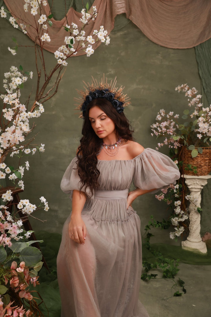 Dark Peony Gold Halo Crown | Sun Ray Bridal Headpiece with Dark Peonies and Golden Grasses