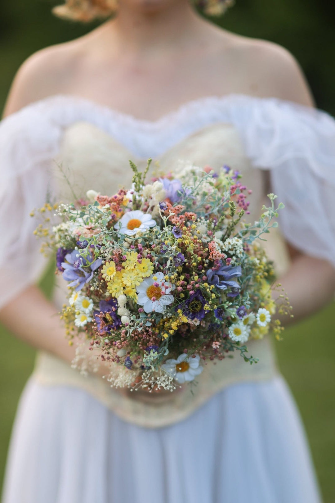 Wildflower Bridal Bouquet – Daisies, Lavender, Thistles and Meadow Grasses | Handmade Wedding Bouquet – handmade floral hair accessory by magaela