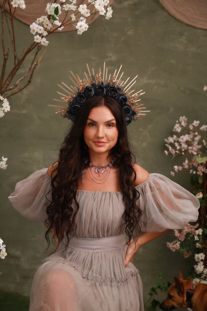 Dark Peony Gold Halo Crown | Sun Ray Bridal Headpiece with Dark Peonies and Golden Grasses