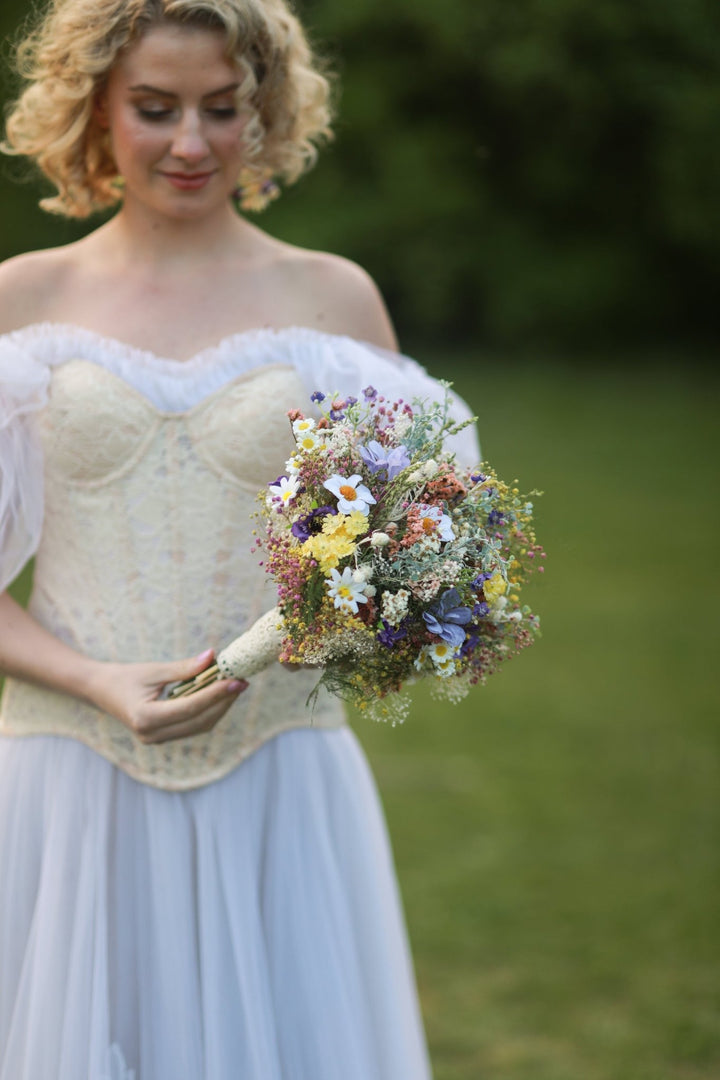 Wildflower Bridal Bouquet – Daisies, Lavender, Thistles and Meadow Grasses | Handmade Wedding Bouquet – handmade floral hair accessory by magaela