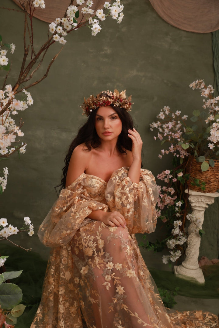 Burgundy Gold Flower Crown: Glam Bridal Tiara, Fantasy Wedding – handmade floral hair accessory by magaela