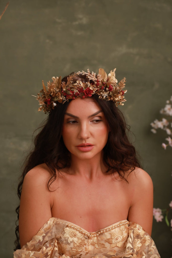 Burgundy Gold Flower Crown: Glam Bridal Tiara, Fantasy Wedding – handmade floral hair accessory by magaela