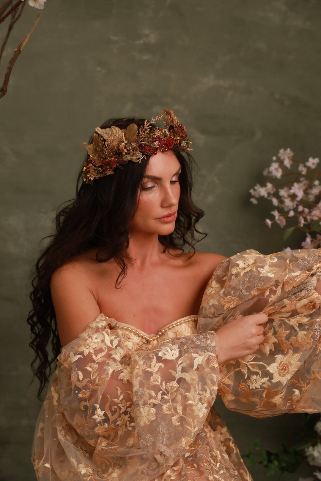 Burgundy Gold Flower Crown: Glam Bridal Tiara, Fantasy Wedding – handmade floral hair accessory by magaela