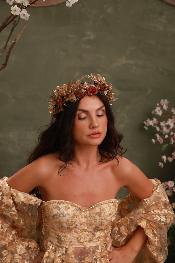 Burgundy Gold Flower Crown: Glam Bridal Tiara, Fantasy Wedding – handmade floral hair accessory by magaela