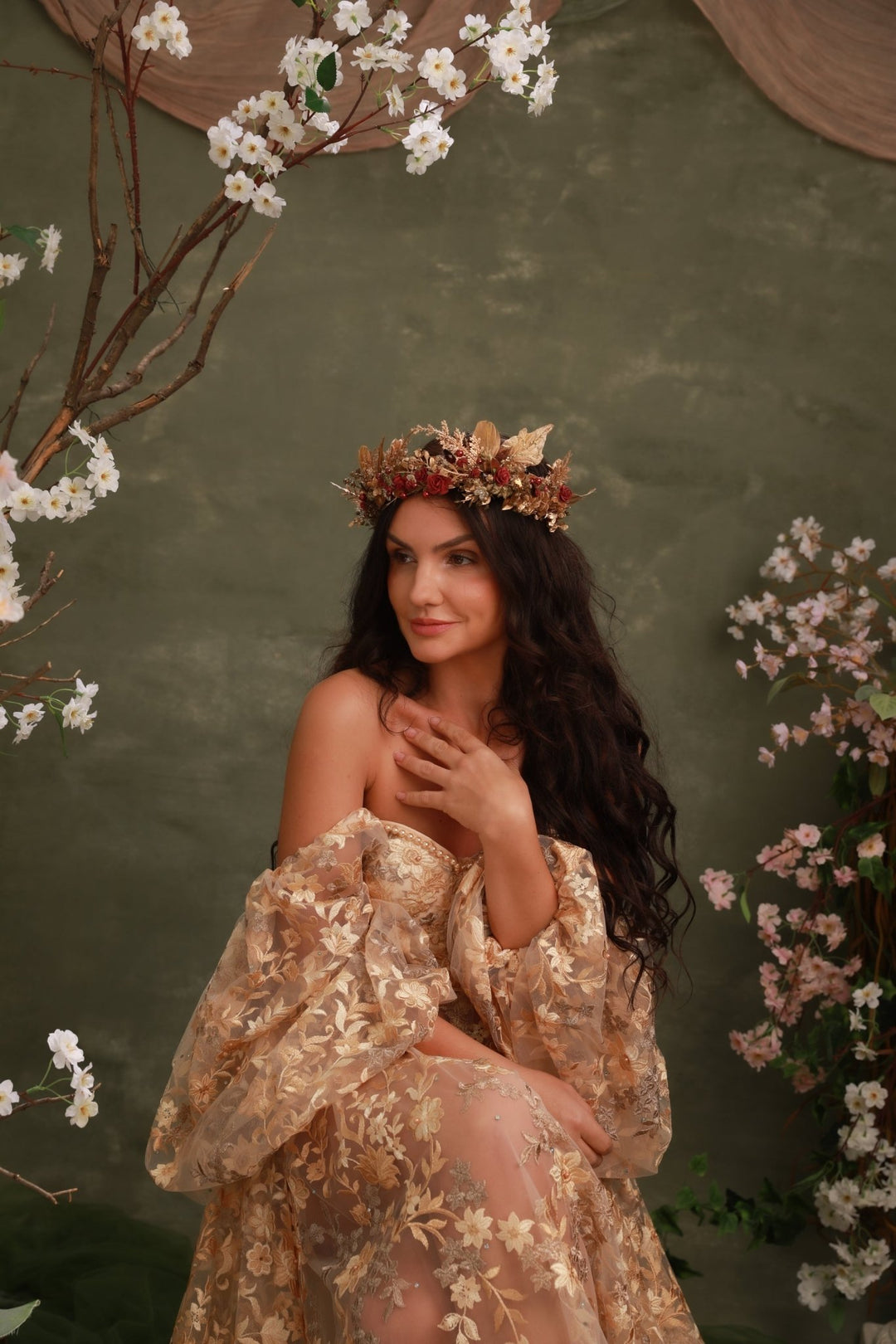 Burgundy Gold Flower Crown: Glam Bridal Tiara, Fantasy Wedding – handmade floral hair accessory by magaela