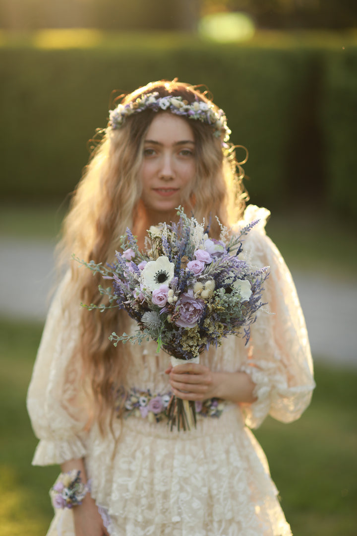 Lavender Wildflower Bridal Bouquet with Anemones and Roses - Flower Wedding Bouquet