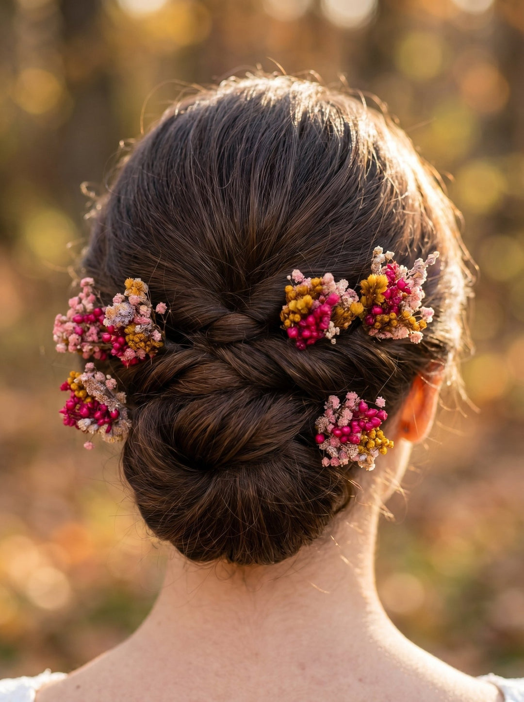 Dried Flower Hair Pins: Fuchsia Pink & Ochre Wedding Hair Accessories – handmade floral hair accessory by magaela