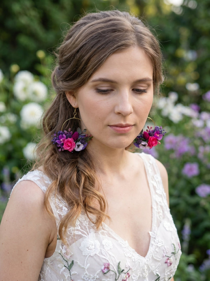 Magenta Flower Circle Earrings: Unique Wedding Jewelry – handmade floral hair accessory by magaela