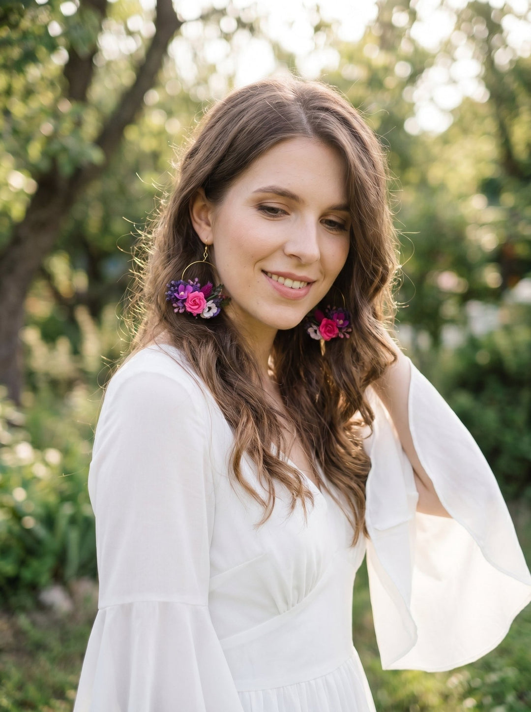 Magenta Flower Circle Earrings: Unique Wedding Jewelry – handmade floral hair accessory by magaela