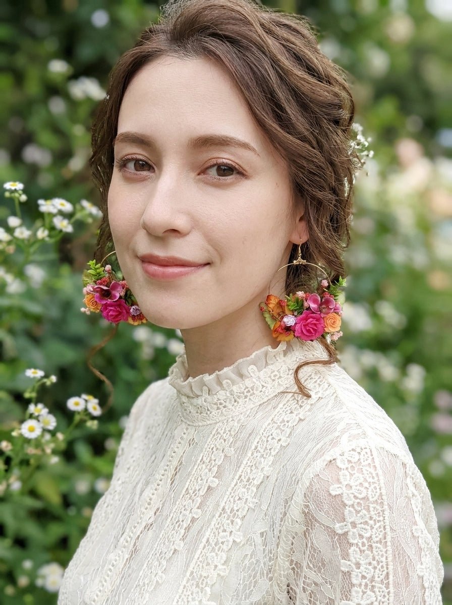 Magenta Flower Circle Earrings: Bridal Wedding Jewelry – handmade floral hair accessory by magaela