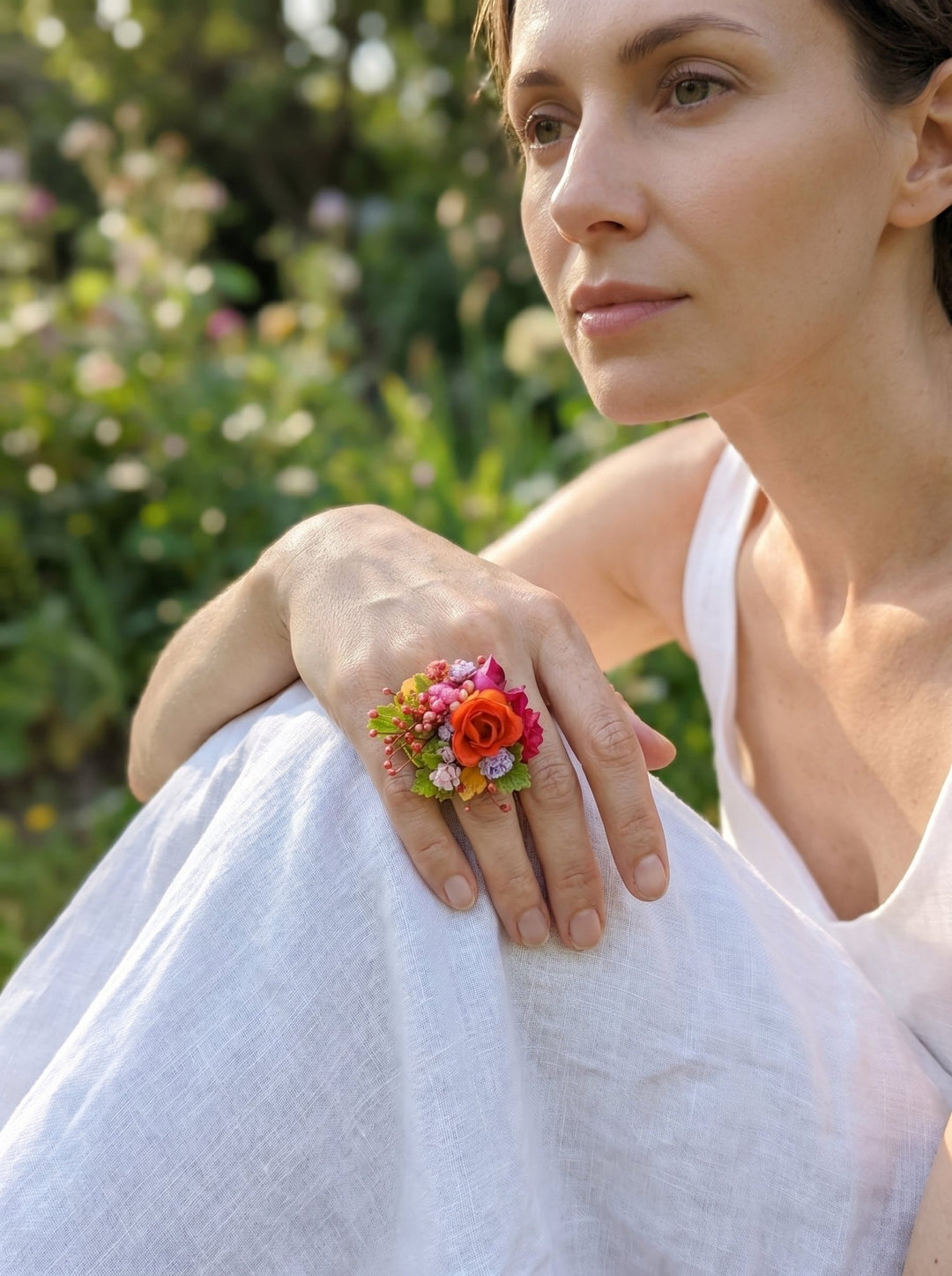 Magenta Flower Ring: Boho Floral Jewelry, Adjustable Band – handmade floral hair accessory by magaela