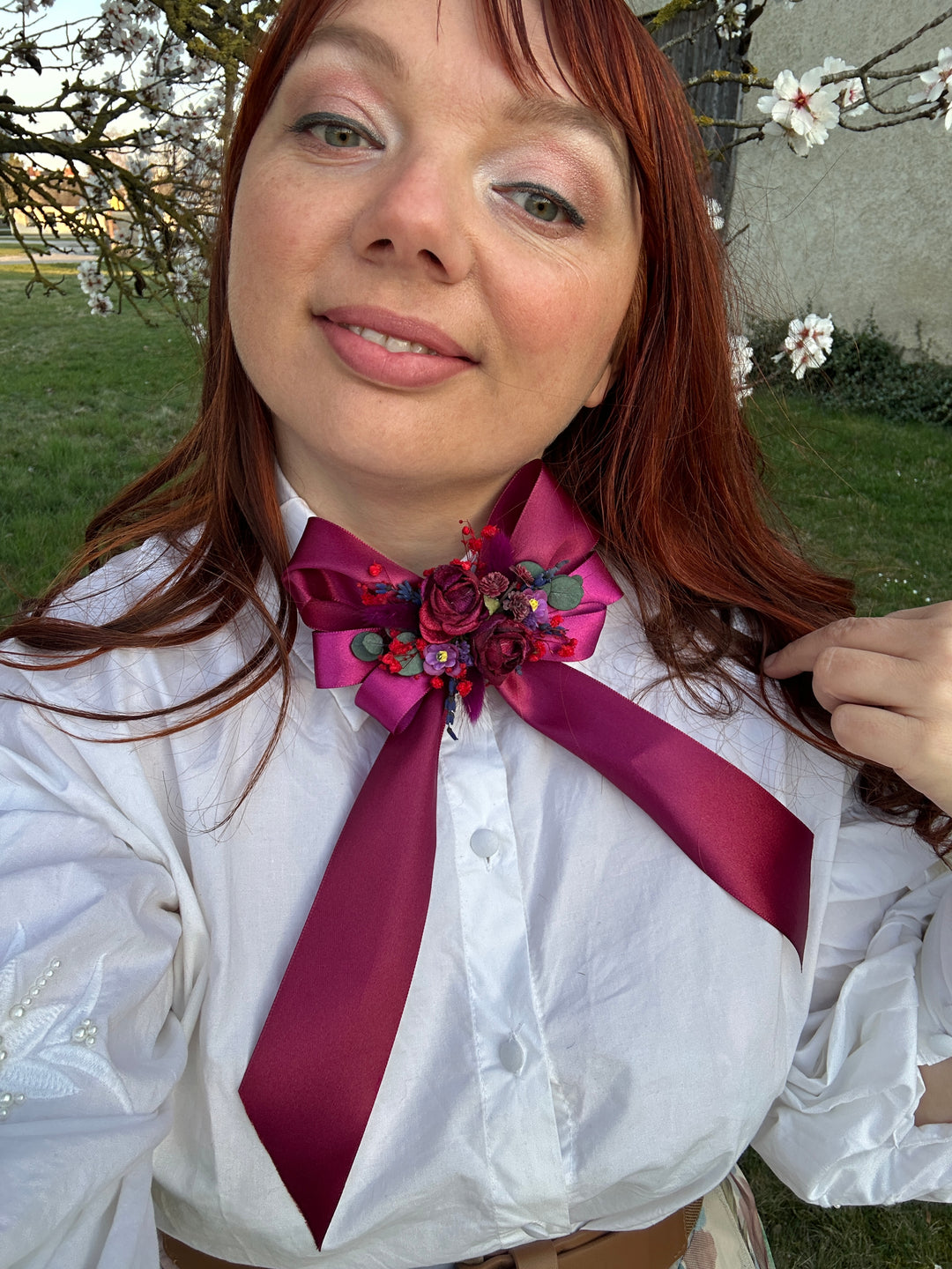 Floral Satin Bow in Magenta with Burgundy Roses and Berries