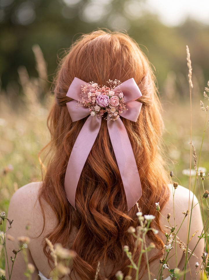 A long wavy auburn hair accessory featuring a large dusty pink satin bow with a floral center, worn in the back of a woman's head in an outdoor field.
