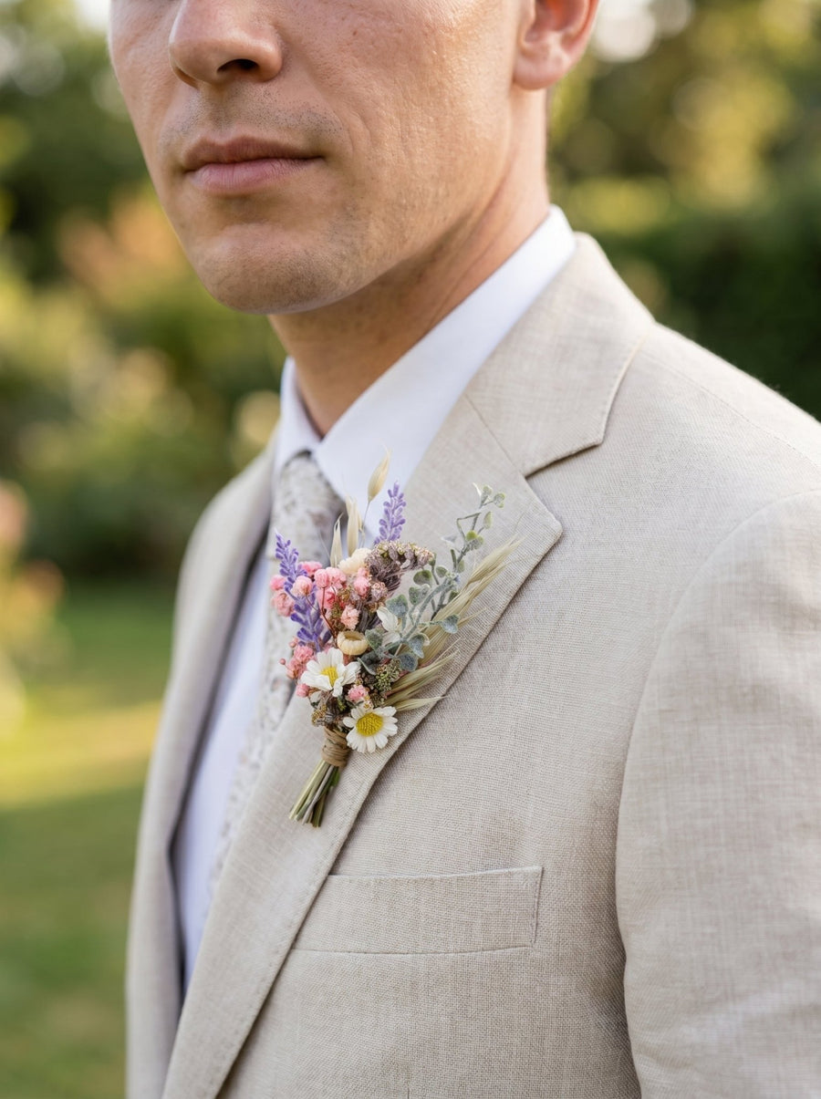 boutonniere on dress shirt with OMELIA Navy Blue Suit with White