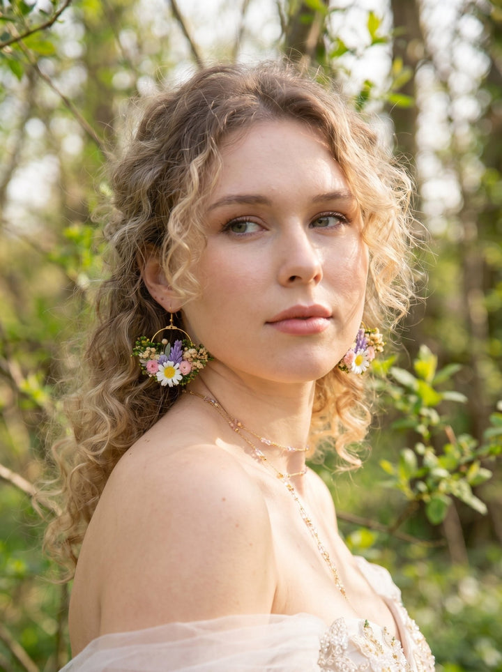 Meadow Flower Circle Earrings: Bridal Wedding Jewelry – handmade floral hair accessory by magaela