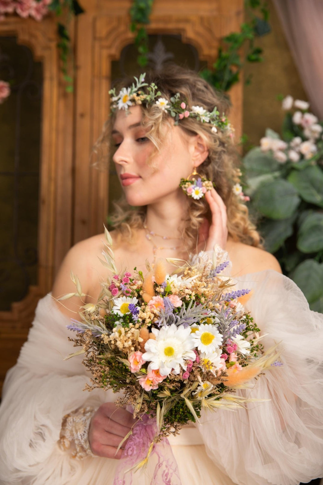 Meadow Flower Circle Earrings: Bridal Wedding Jewelry – handmade floral hair accessory by magaela