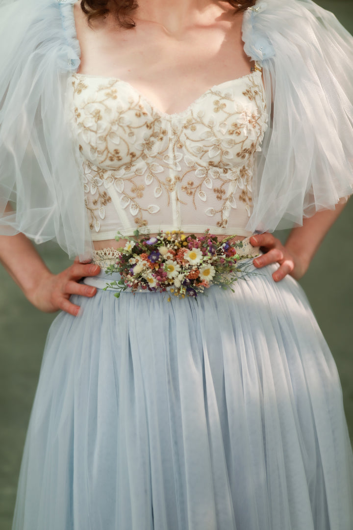 Wildflower Bridal Belt – Daisies, Lavender & Meadow Grasses on Premium Vintage Lace – handmade floral hair accessory by magaela