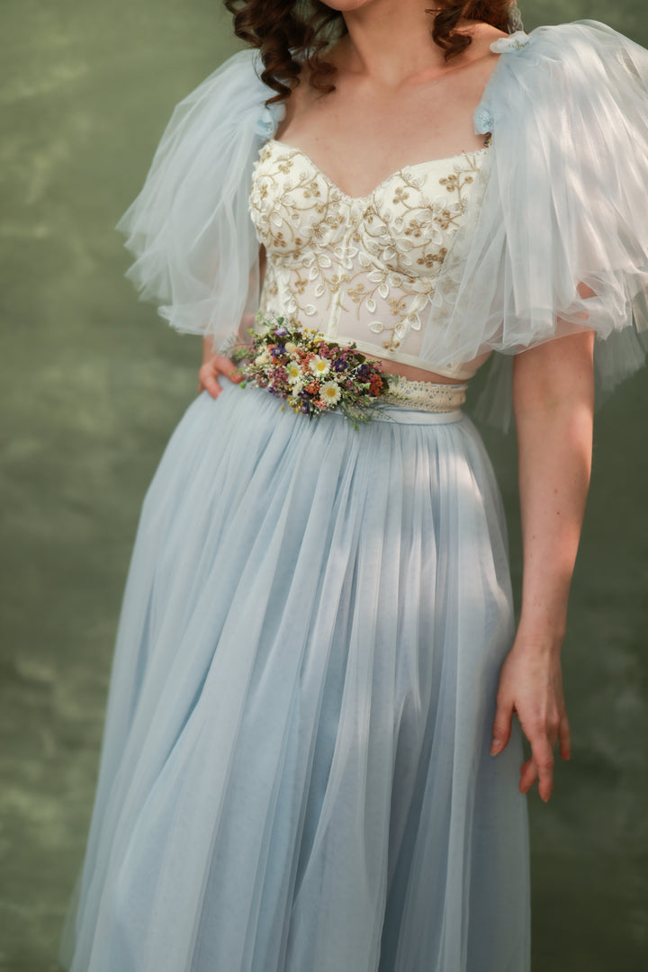 Wildflower Wedding Set – Flower Crown, Hair Comb, Hairpins, Bracelet, Belt, Earrings and Boutonnieres – handmade floral hair accessory by magaela