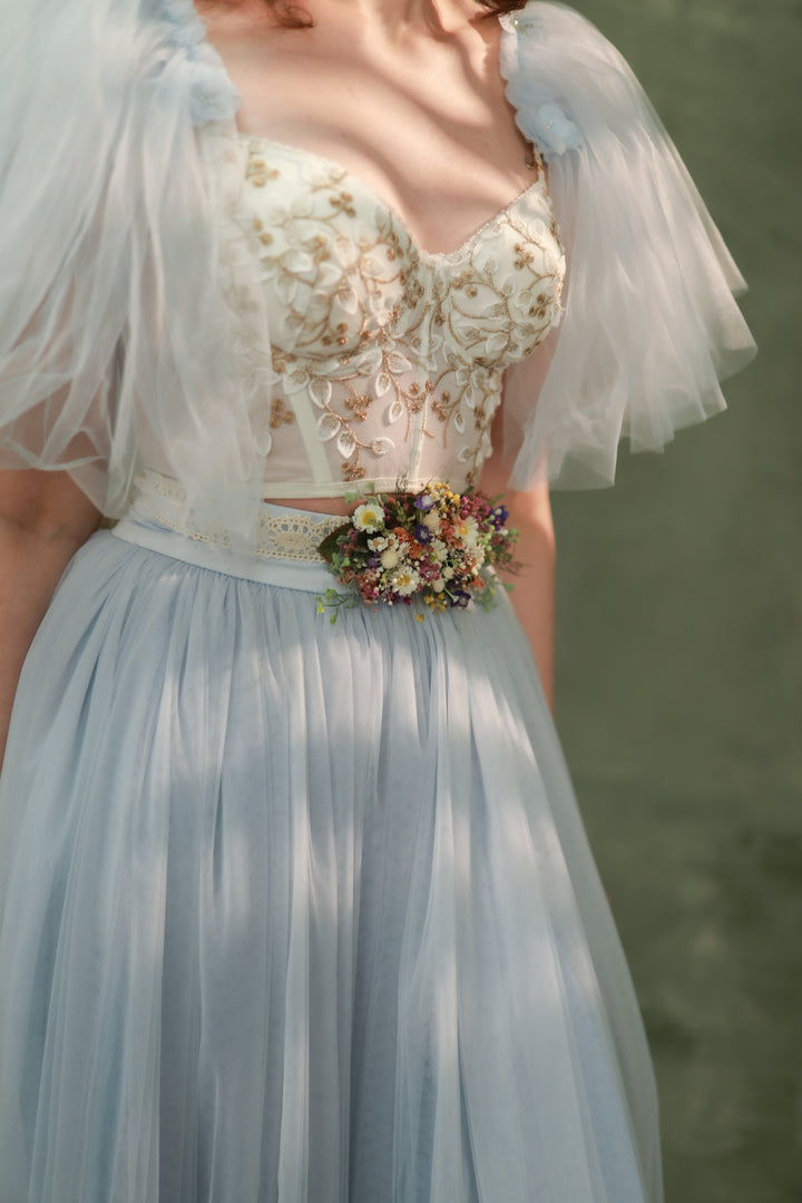 Wildflower Wedding Set – Flower Crown, Hair Comb, Hairpins, Bracelet, Belt, Earrings and Boutonnieres – handmade floral hair accessory by magaela