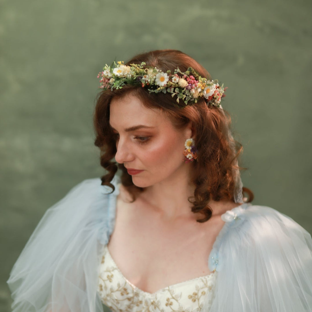 Wildflower Wedding Set – Flower Crown, Hair Comb, Hairpins, Bracelet, Belt, Earrings and Boutonnieres – handmade floral hair accessory by magaela